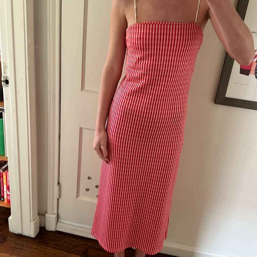ZARA PINK AND RED CHECKERED midi DRESS